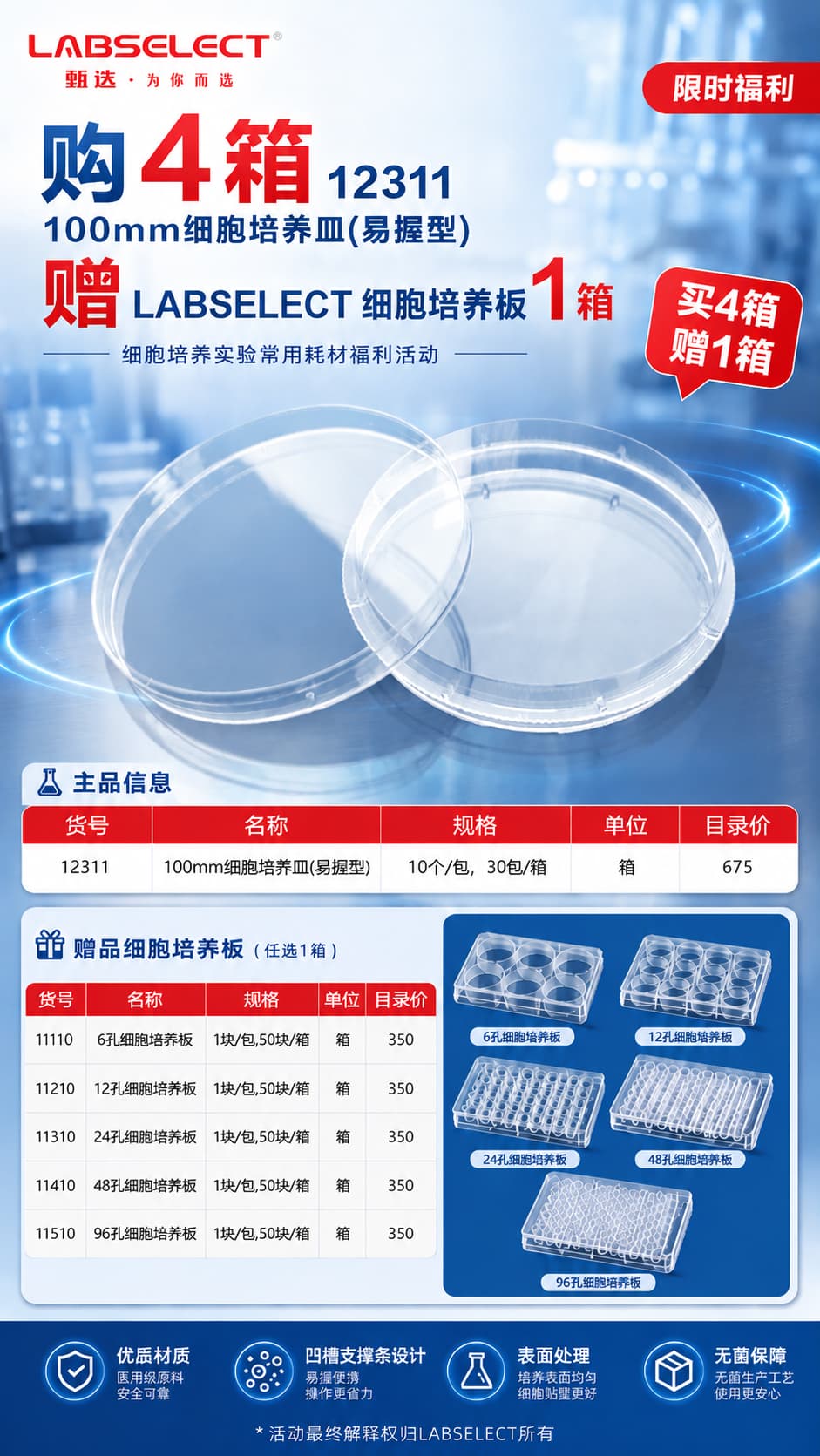 LABSELECT 100 mm 易握型细胞培养皿买 4 箱赠细胞培养板活动