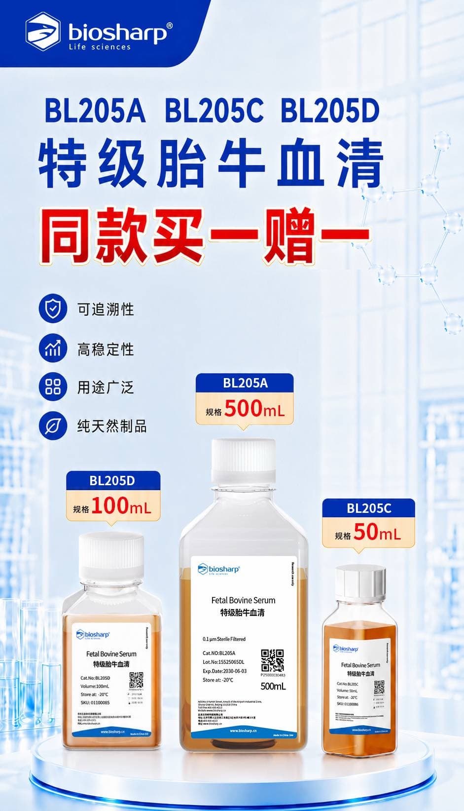 Biosharp BL205A、BL205C、BL205D 特级胎牛血清同款买一赠一活动海报